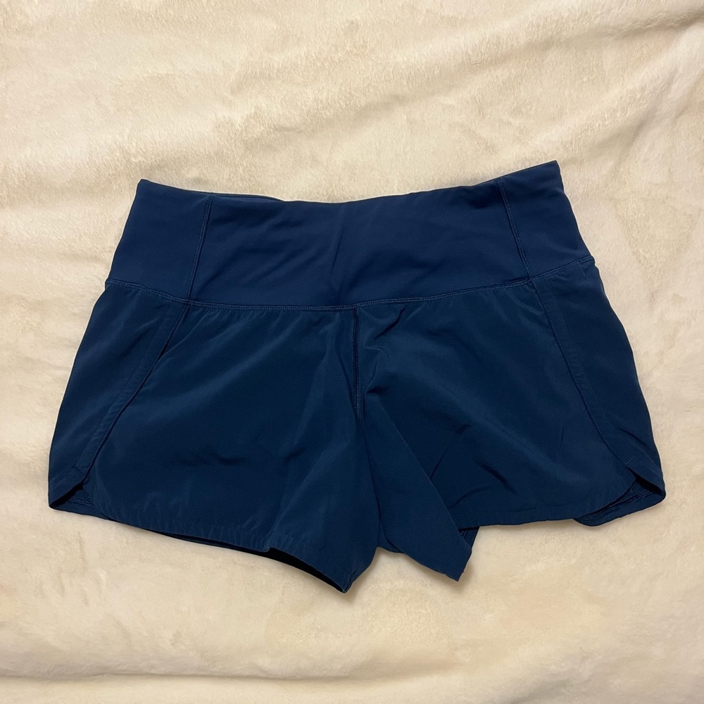 blue lululemon speed up shorts, 4” length, size 2